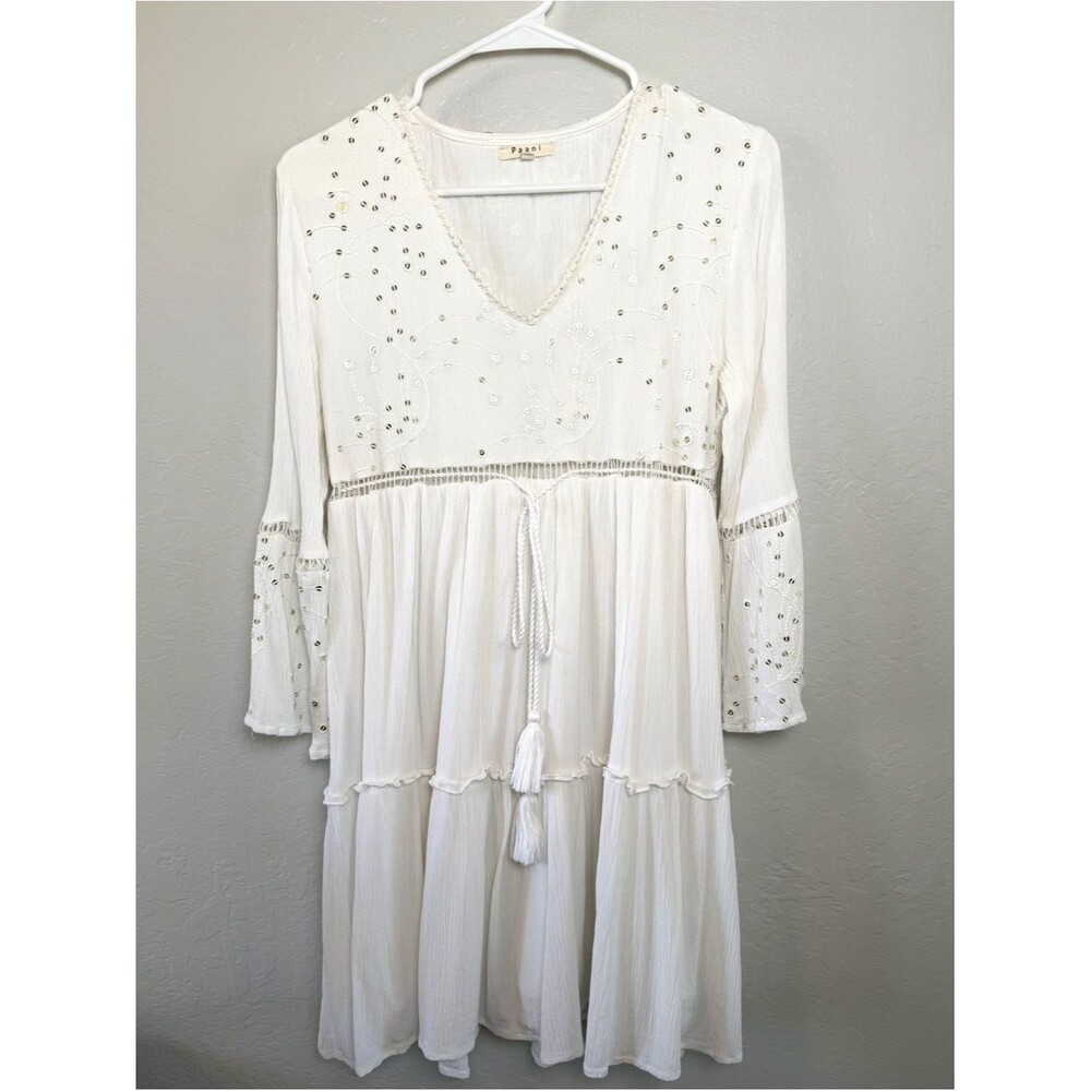 Paani White Tiered Sequin Beaded Bell Sleeve Mini Dress Size M Boho